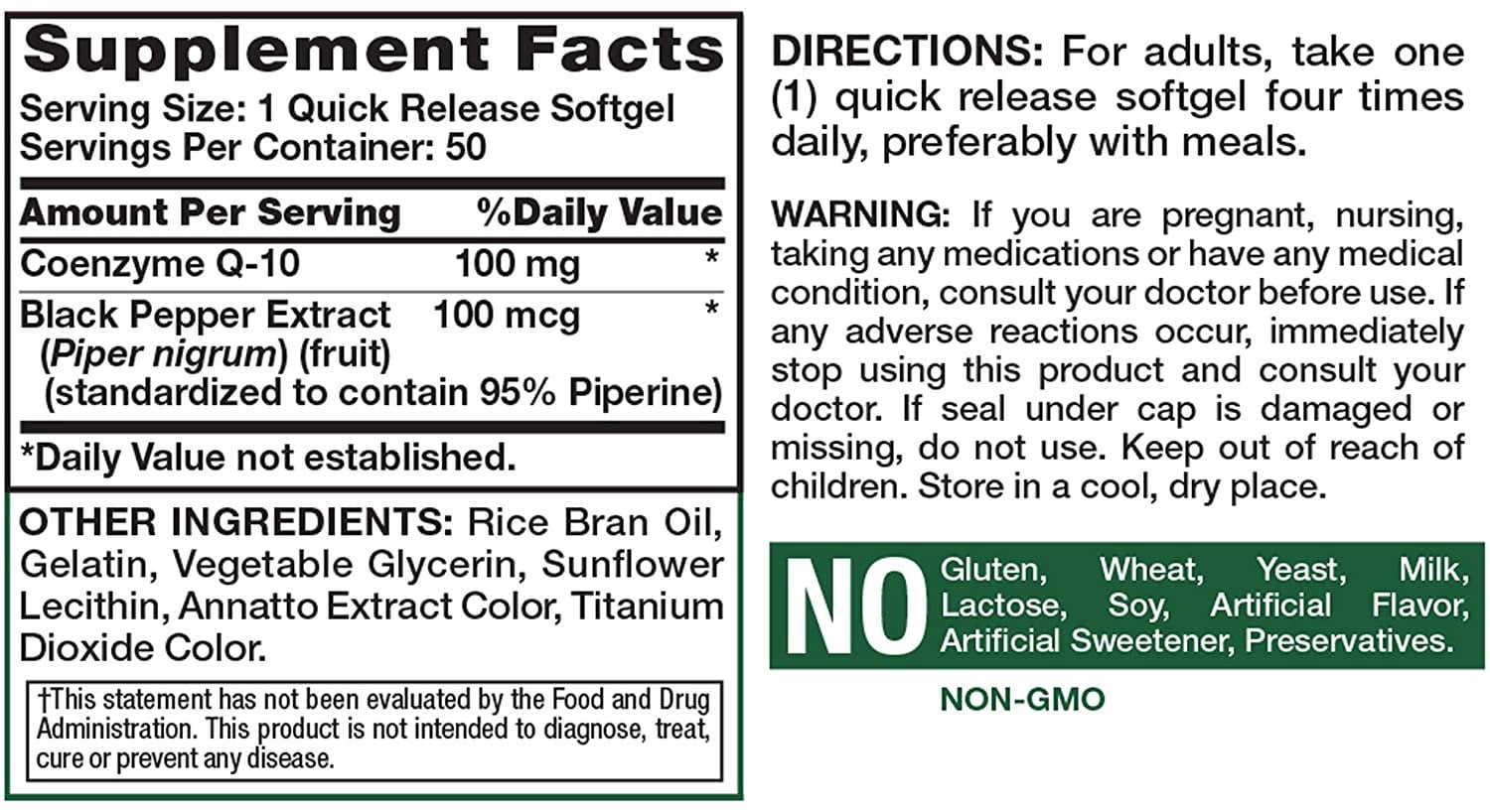 Nature's Truth Enhanced Absorption 100mg CoQ-10, Black Pepper, 50ct, 4-Pack