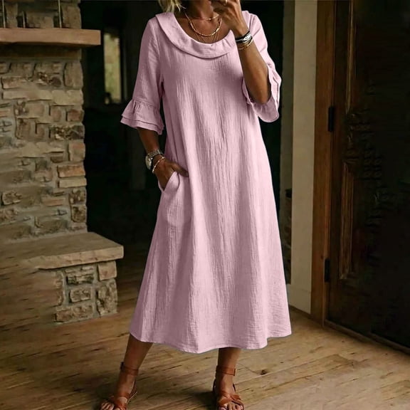 Sokhug Women's Maxi Dress Cowl Neck 3/4 Ruffle Sleeve Cotton Blend Summer Solid Color Midi Dress with Pockets