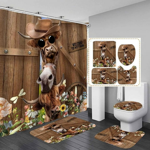 4PCS Farm Animal Shower Curtain Set, Funny Donkey Cow Cute Pig Cat Chicken Country Rustic Farmhouse Bathroom Decor, Waterproof Fabric Shower Curtain, Non-Slip Bath Mat Toilet Rug