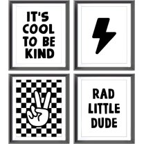 Retro Black Checkered Preppy Lightning Peace Hand Sign Poster Prints for Boy Teen Room Dorm Decor,Lake Blue Rad Little Dude Funny Decorations Prints Wall Art Unframed 4pcs,Teen Boys Gifts