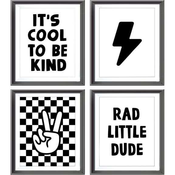 Retro Black Checkered Preppy Lightning Peace Hand Sign Poster Prints for Boy Teen Room Dorm Decor,Lake Blue Rad Little Dude Funny Decorations Prints Wall Art Unframed 4pcs,Teen Boys Gifts