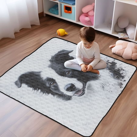 WOBOGO Cute Border Collie Baby Playmats Extra Large Waterproof Rollable Activity Pads for Toddlers 50×50inch