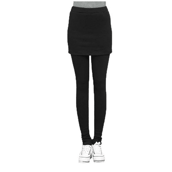 Women's Leggings with Attached Mini Skirt Elastic Waistband Casual Skinny Pants (Black) *One Size*