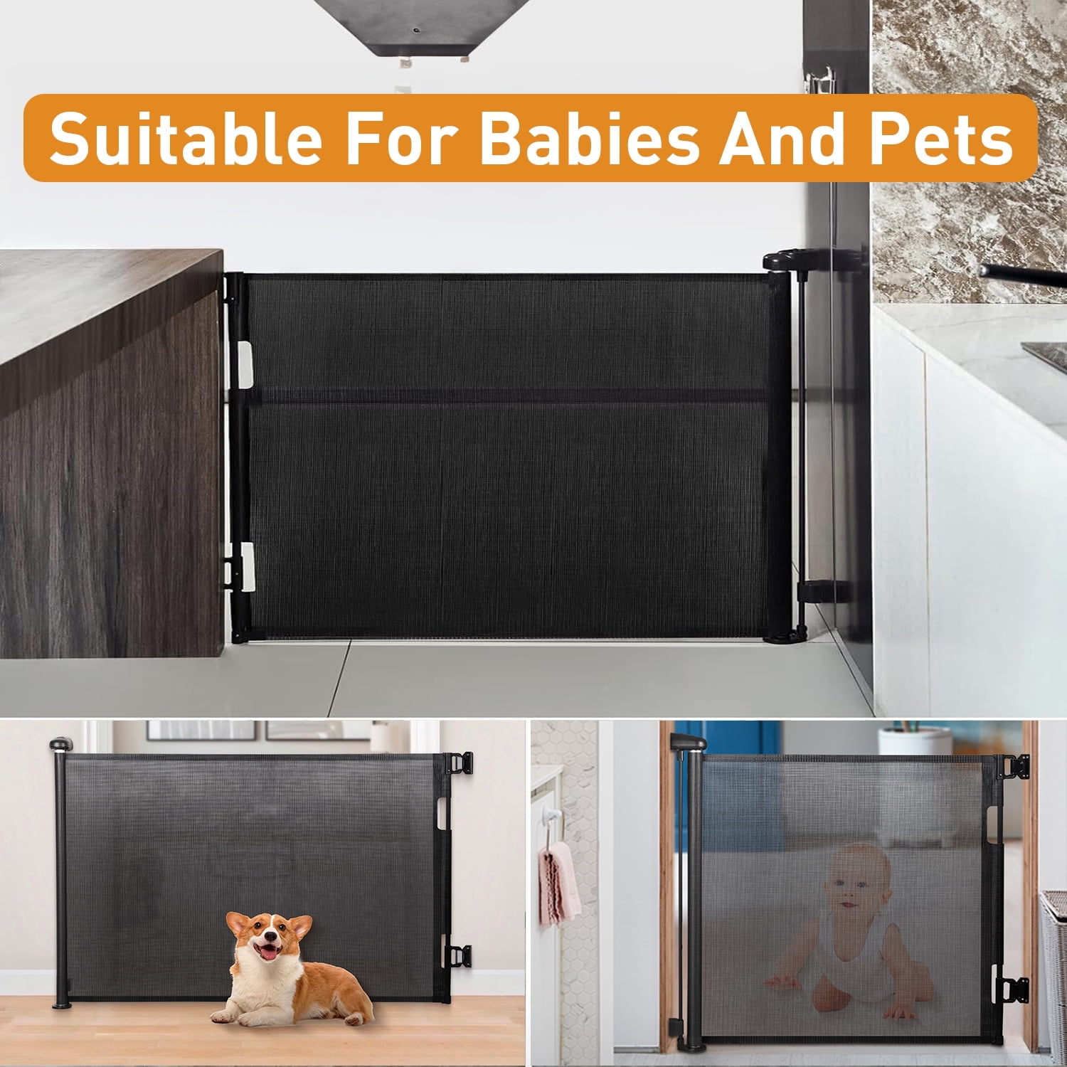 Wide Retractable Gates for Doorways, Mesh Dog Gate for The House, One-Hand Opening Gates for Stairs, Pet Puppy Fence Indoor & Outdoor Short Dog Gate Puppy Gate Pet Fence