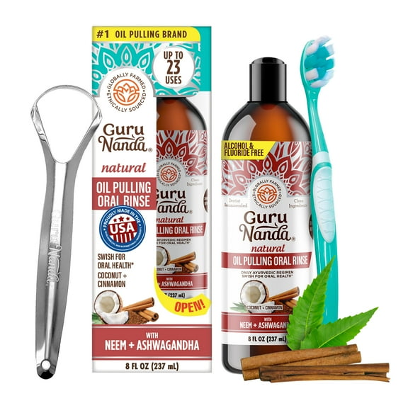 GuruNanda Coconut & Cinnamon Oil Pulling with Neem   Ashwagandha - Essential Oils & Vitamins for Health Teeth & Gums - 8 oz