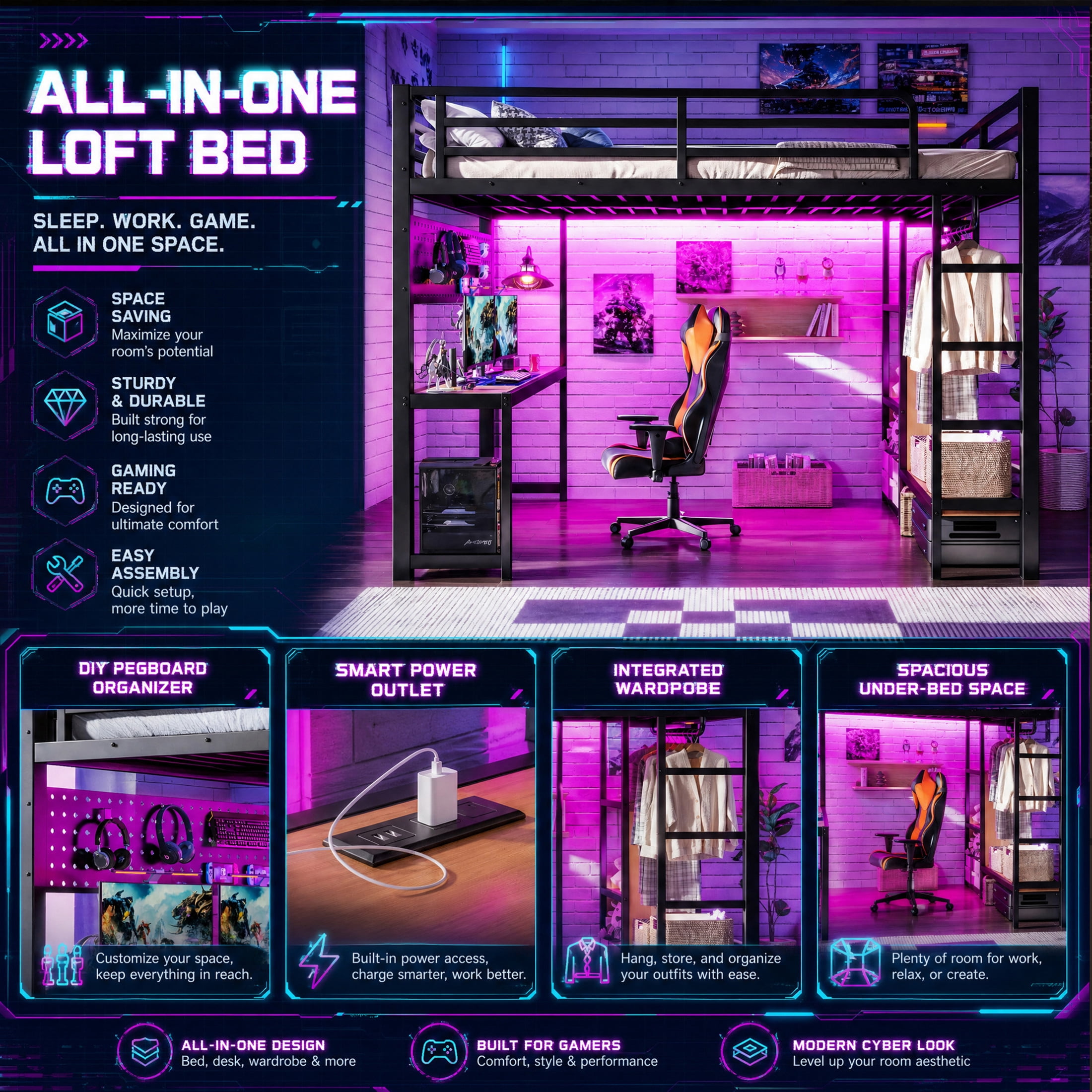 Noble House Queen Loft Bed with Desk, Storage Shelves, USB Ports and Lights, Black