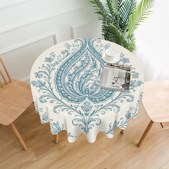 GooTPa 60 Inch Round Tablecloth, Intricate Blue Paisley Centerpiece Premium Polyester Straight Edge Wrinkle Resistant Washable Table Cover for Home Dining Party Decor