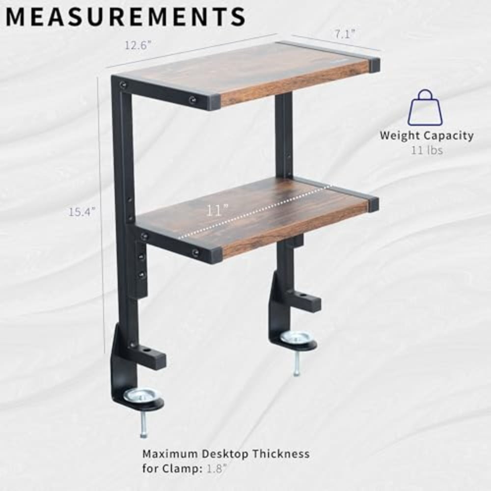 Clamp-on Above or Below Desk 2-Tier Shelving Unit for Table Accessories Gaming Devices and More Storage Tray Desktop Organizer Rustic STAND-SHELF2C-N