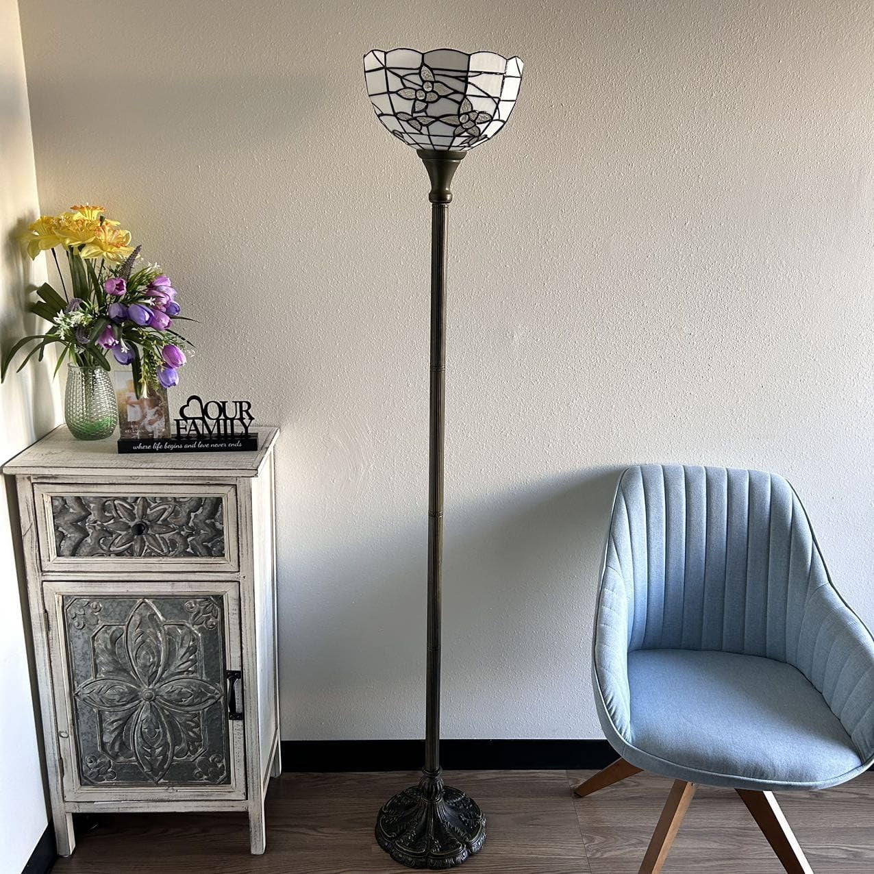 Tiffany Torch Floor Lamp White Stained Glass Flowers LED Bulb Included for Living Room Dining Room Bedroom 12"W*12"D*66"H