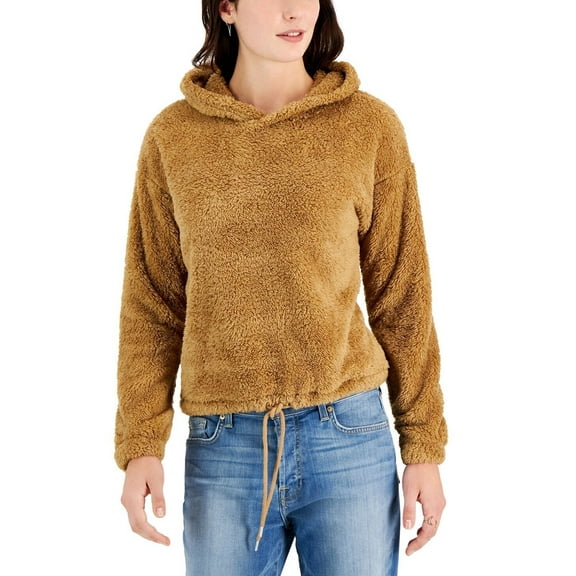 Planet Gold Women's Juniors' Plush Drawstring-Hem Hoodie Brown S B4HP