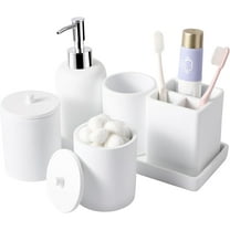 6 Pcs White Bathroom Set Complete with Toothbrush Holder, Lotion Soap Dispenser, 2 Qtip Holder Dispensers,Vanity Tray,Bathroom Tumbler - Countertop Vanity Organizer - Bathroom Accessories Set