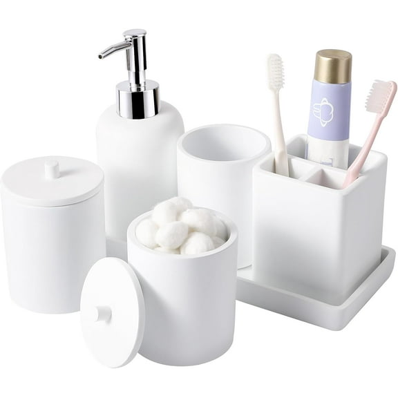 6 Pcs White Bathroom Set Complete with Toothbrush Holder, Lotion Soap Dispenser, 2 Qtip Holder Dispensers,Vanity Tray,Bathroom Tumbler - Countertop Vanity Organizer - Bathroom Accessories Set