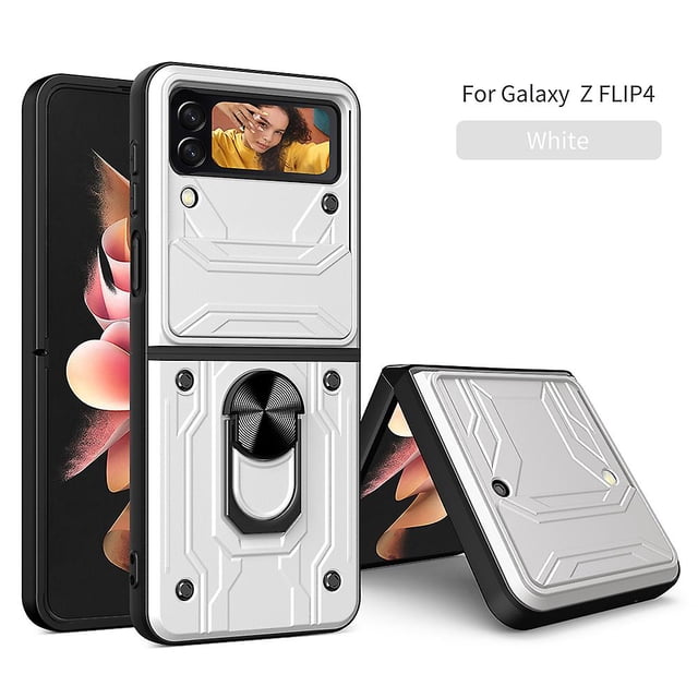 Magnetic Armored Phone Case Compatible With Samsung Galaxy Z Flip 4 With Sliding Camera Cover & Ring Stand