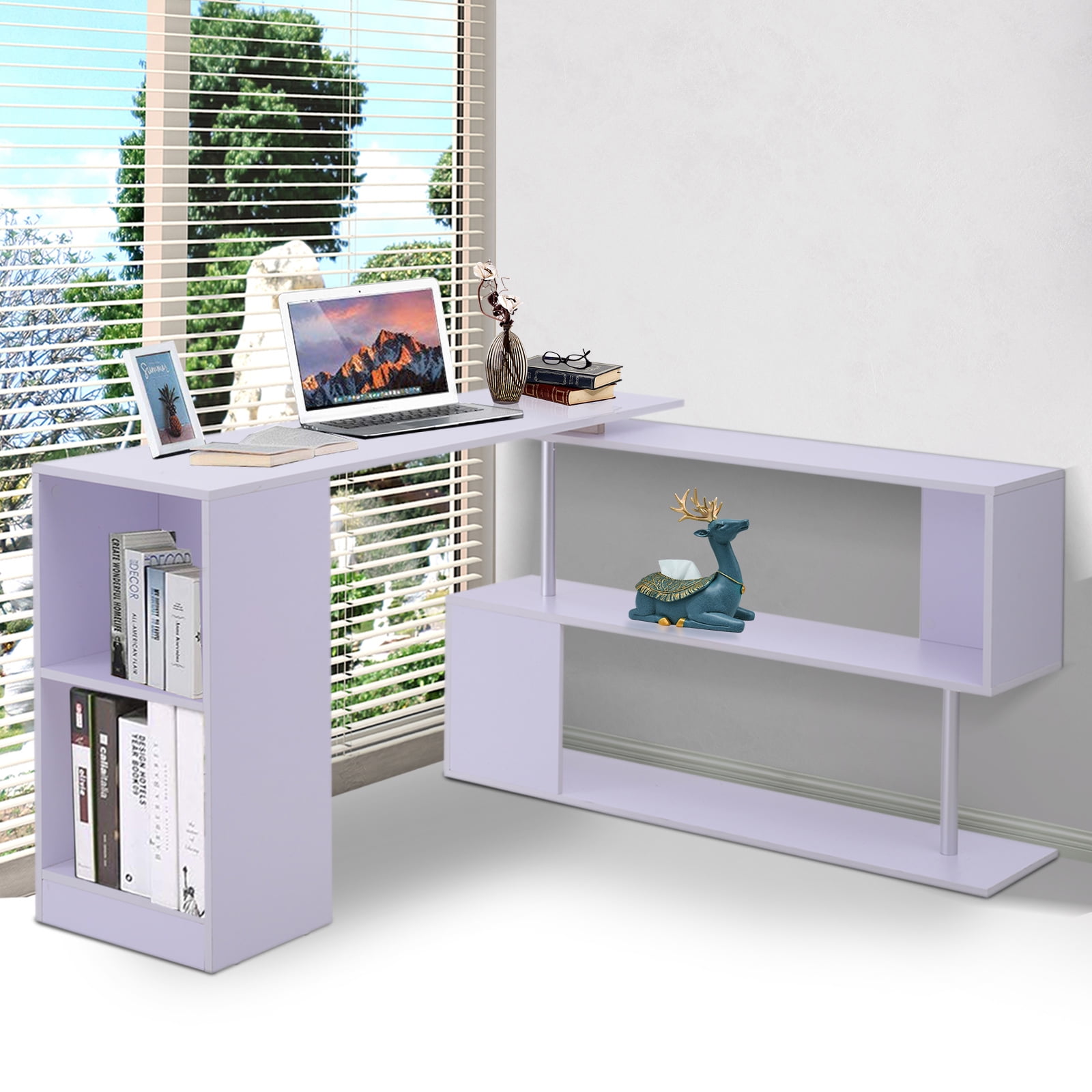 Homcom Modern L Shaped Rotating Computer Desk With Shelves