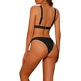 thumbnail image 3 of Conjuntos de bikini triangular de 2 piezas para mujer con anillos, tirantes anchos ajustables, cierre en la parte posterior, trajes de baño acanalados, color negro, 3 of 5
