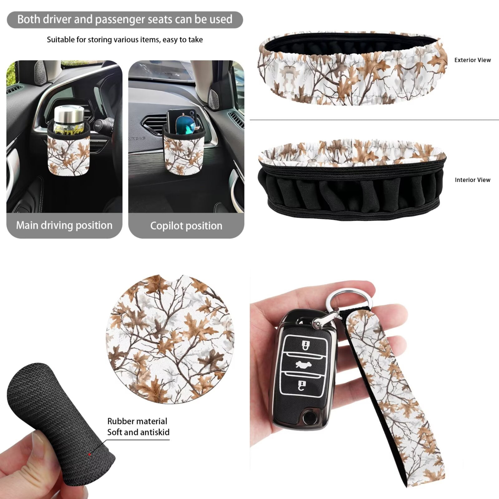 Uorisanigo Camo Hunting Forest Set of 15 Car Seat Covers Full Set with Steering Wheel Cover Seat Belt Pad Car Trash Car Hanging Air Vent Storage Box Rearview Mirror Cover Cup Coasters Keychain Decor