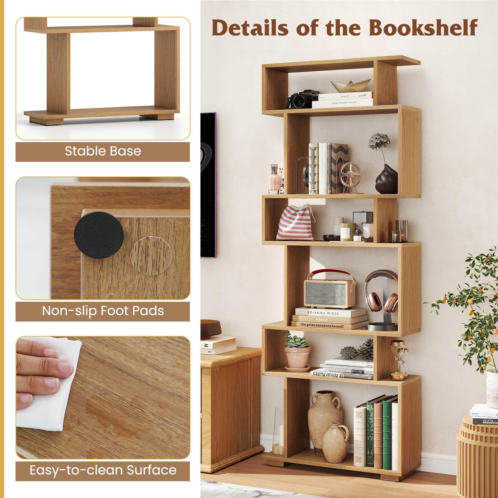 Costway 6-Tier Bookshelf with 2 Anti-Tipping Kits, Wooden Display Shelf for Home Office Natural