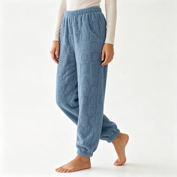 FAZVAOO Pajama Pants for Women,Flannel Embossed Elastic Waist Cuffed Sleep Pants Blue Free Size