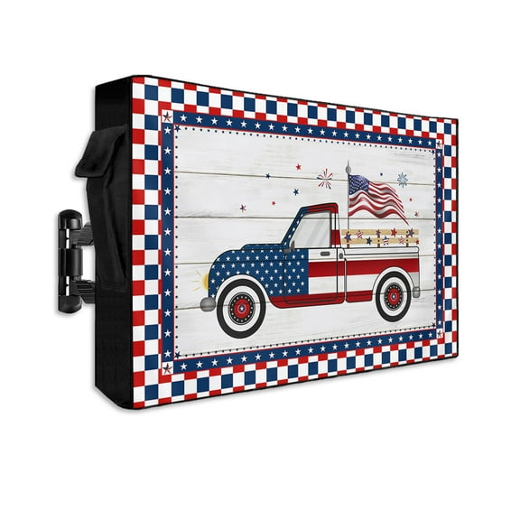 Truck with Celebration Outdoor TV Cover 30 to 32 Inch Waterproof, Wooden Stripes Red Blue Checker Buffalo 600D Oxford TV Covers with Zipper, Outside Flat TV Screen Protector 30"Wx19"Hx4.5"D