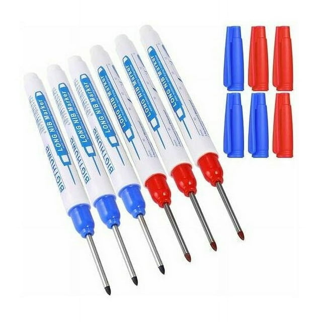 6pcs Deep Hole Markers, Carpenter Marker, 30mm Fine Tip Indelible Marker Pen, Permanent Felt Pen for Marking Hard-to-Reach Places (Blue Red)
