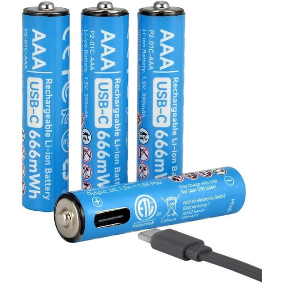 4 Pack 666mWh USB-C Rechargeable AAA Lithium Batteries, 1.5V Constant Output, 0.8-Hour Fast Charge, 1200 Cycles, Includes USB-C Cable (AAA)