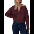 thumbnail image 3 of Suéter con Cremallera para Mujer, Cárdigan de Larga con Hombros Caídos y Cuello Redondo, Chaqueta Informal de Punto Holgada de Color Liso. Vino Tinto M, 3 of 8