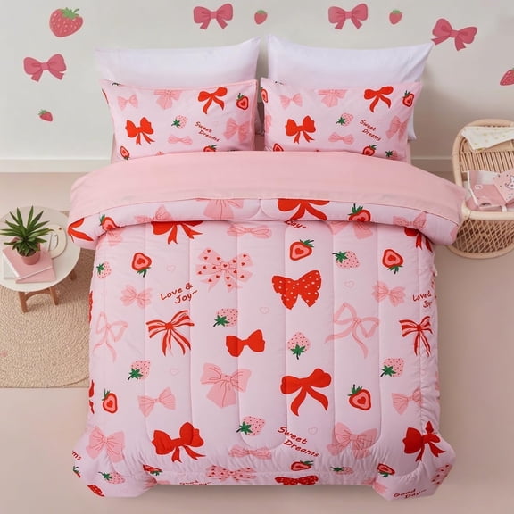NTBED Red Bow Comforter Set,6 Piece Bed in a Bag Matching Sheet Set,Cute Ribbon Bowknot Bedding Sets,Princess Style Strawberry Printed,Light Pink Room Decor for Girls,Twin