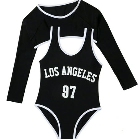Hiijoy Big Girls Letter Print One-Piece Swimsuit & Long Sleeve Crop Top Sizes 5-11