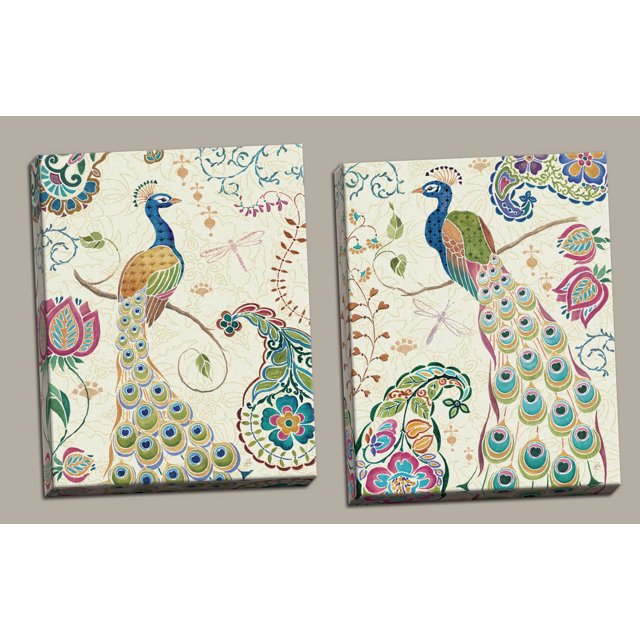 Gorgeous Green and Blue Patterned Peacock Set by Daphne Brissonnet; Two 16x20in Canvases