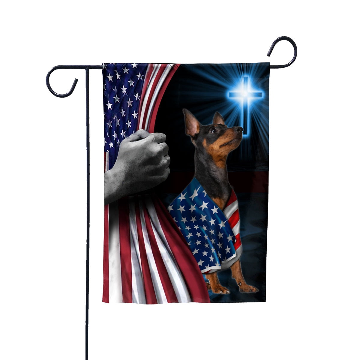 Hand Pulling USA Flag Doberman Pinscher Dog Wearing Flag American Standing under Cross Christian Patriotic House Flag (3x5) Double Sided- Premium Polyester-Decorative Indoor Outdoor Flag