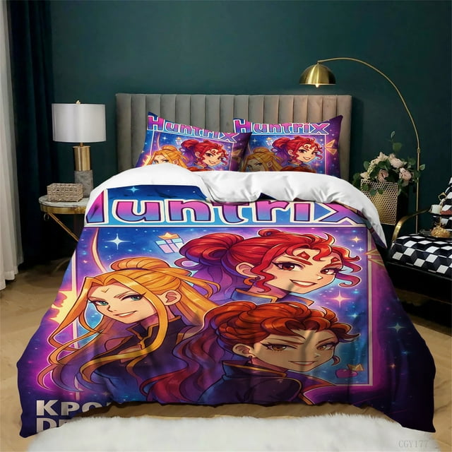 Ensemble de Housse de Couette KPop Demon_Hunters Taille Jumeau 3 Pcs Ensemble de Literie Léger Housse de Couette Douce et Confortable avec Fermeture Éclair