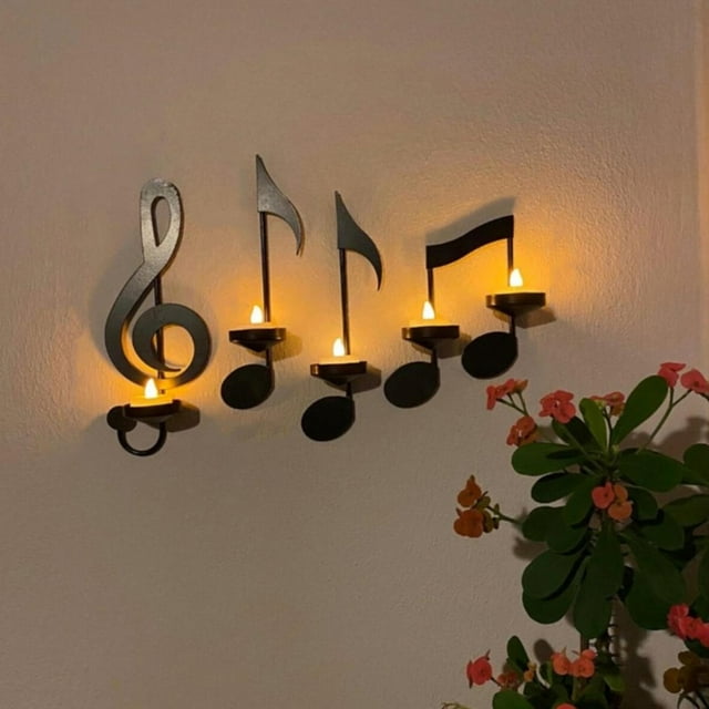 4PCS Black Music Note Wall Sconce Candelabro, Letrero de pared de metal Colgador de pared Decoración para el hogar, Sala de estar Pasillo Pasillo perfecl portavelas de pared