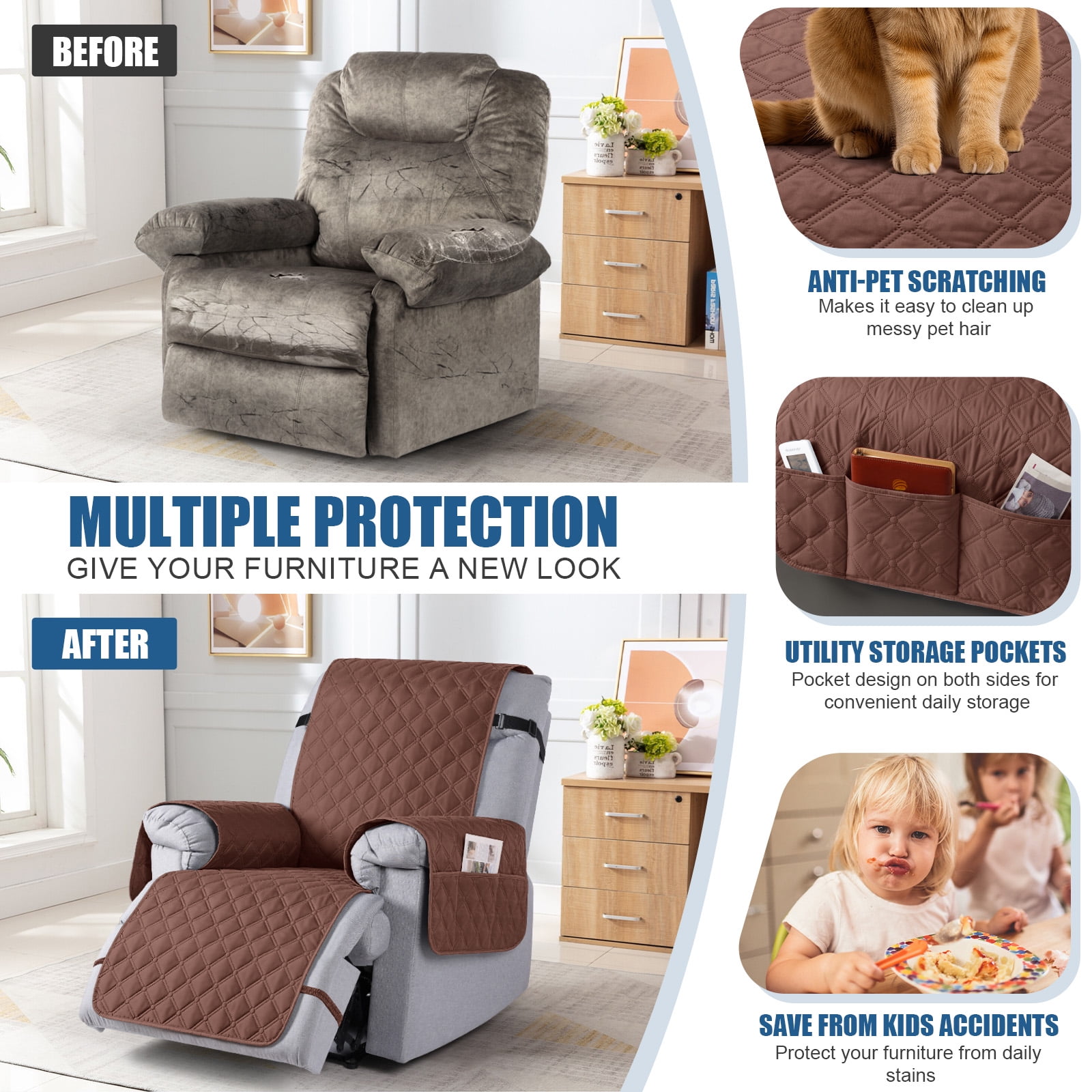 Timeles Waterproof Recliner Covers, Recliner Chair Covers with Leg Straps, Reversible Recliner Couch Cover for 1 Seat Reclining Sofa, Washable Chair Protector for Pets Kids(1 Seater 22", Coffee)
