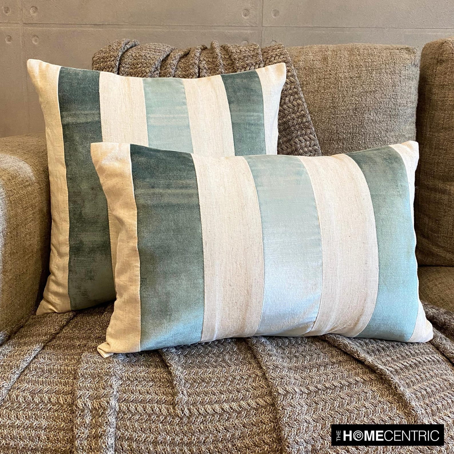 The HomeCentric Decorative Lumbar Pillow Cover Blue , Pack Of 2, 12"x16" (30x40 cm) Velvet Patchwork, Velvet, Striped Pillow Covers For Sofa, Couch, Bed, And outdoor, Patchwork Modern - Swathe Ice