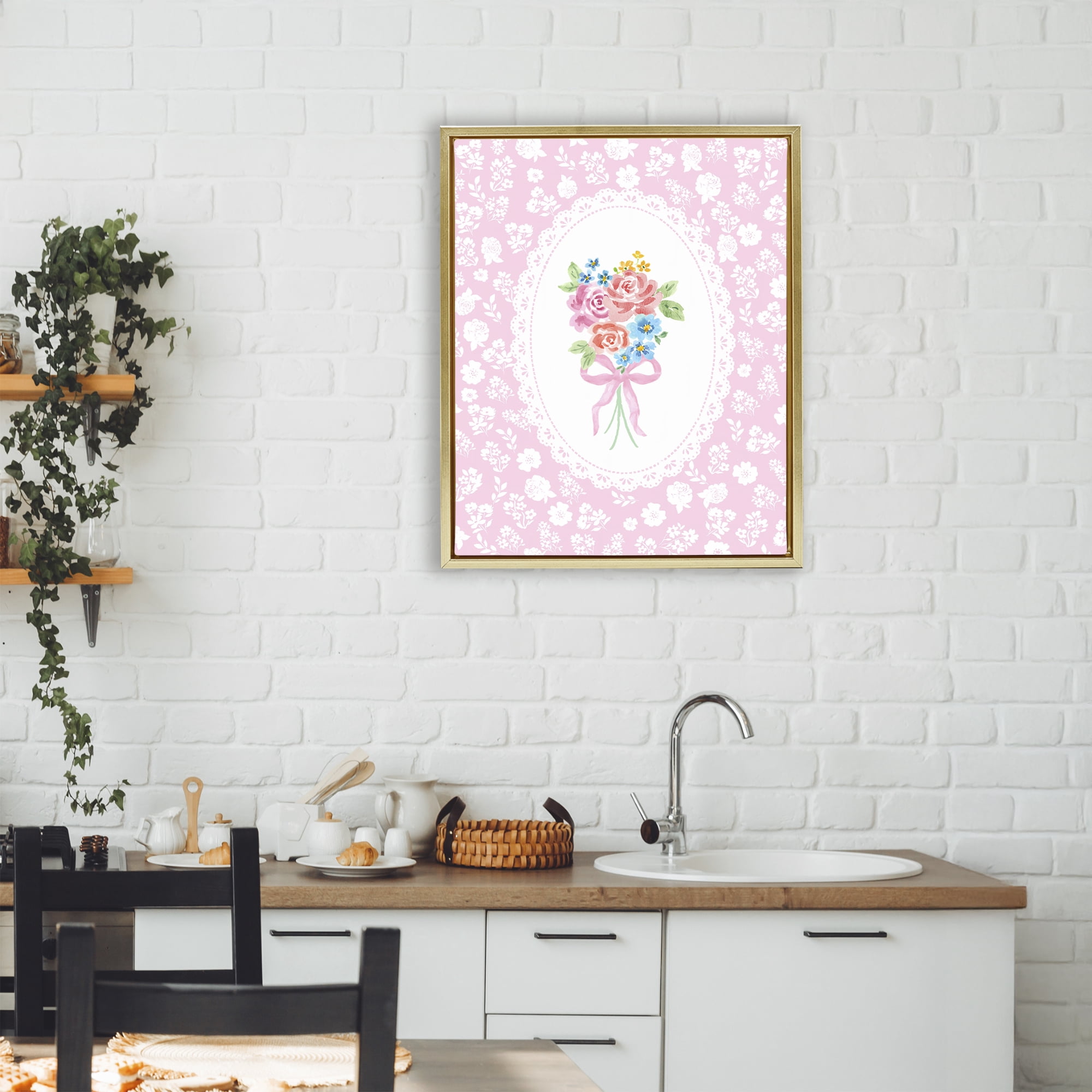 Stupell Industries Pink Feminine Bouquet Gold Framed Floater Canvas Wall Art, design by Corinne Haig