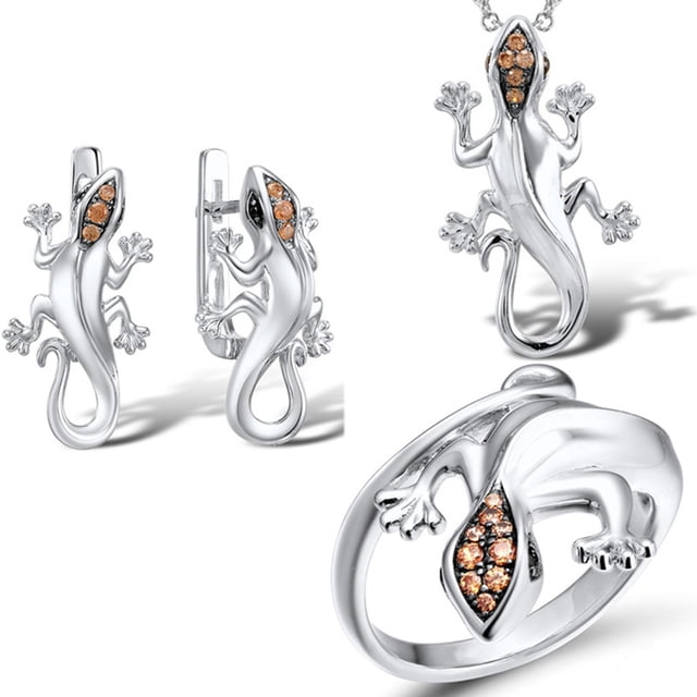 Koszal Femmes Strass Incrusté Lézard Gecko Pendentif Boucles d'Oreilles Bague Bijoux