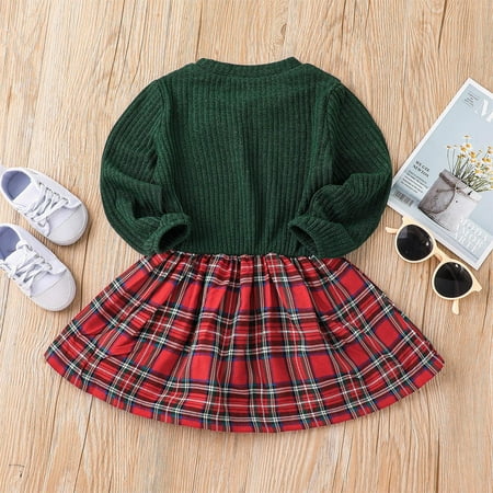 

kpoplk Toddler Sweater Dress Autumn Winter Toddler England Gray Gird Trendy Long Sleeve Casual Girl Dress Outfit with Headpiece(Green)