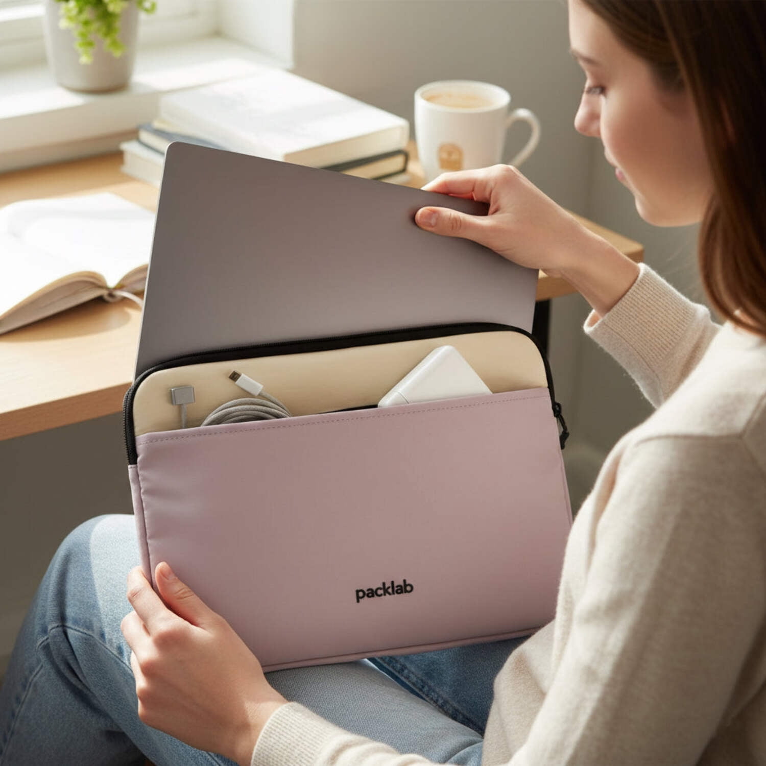 packlab Cream and Pink Laptop Sleeve with Pocket – Slim Padded 14 Inch Computer Case for School, Work, and Travel Use