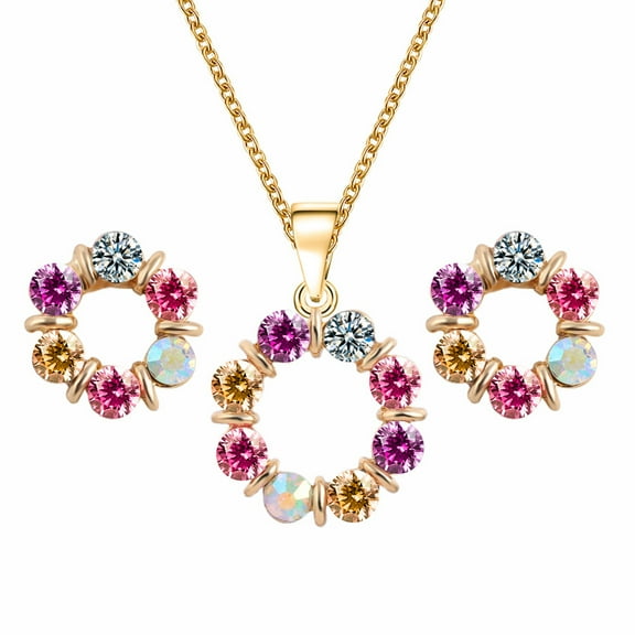 Ayyufe Necklace Colorful Rhinestone Round Women Pendant Necklace Earrings Set for Party