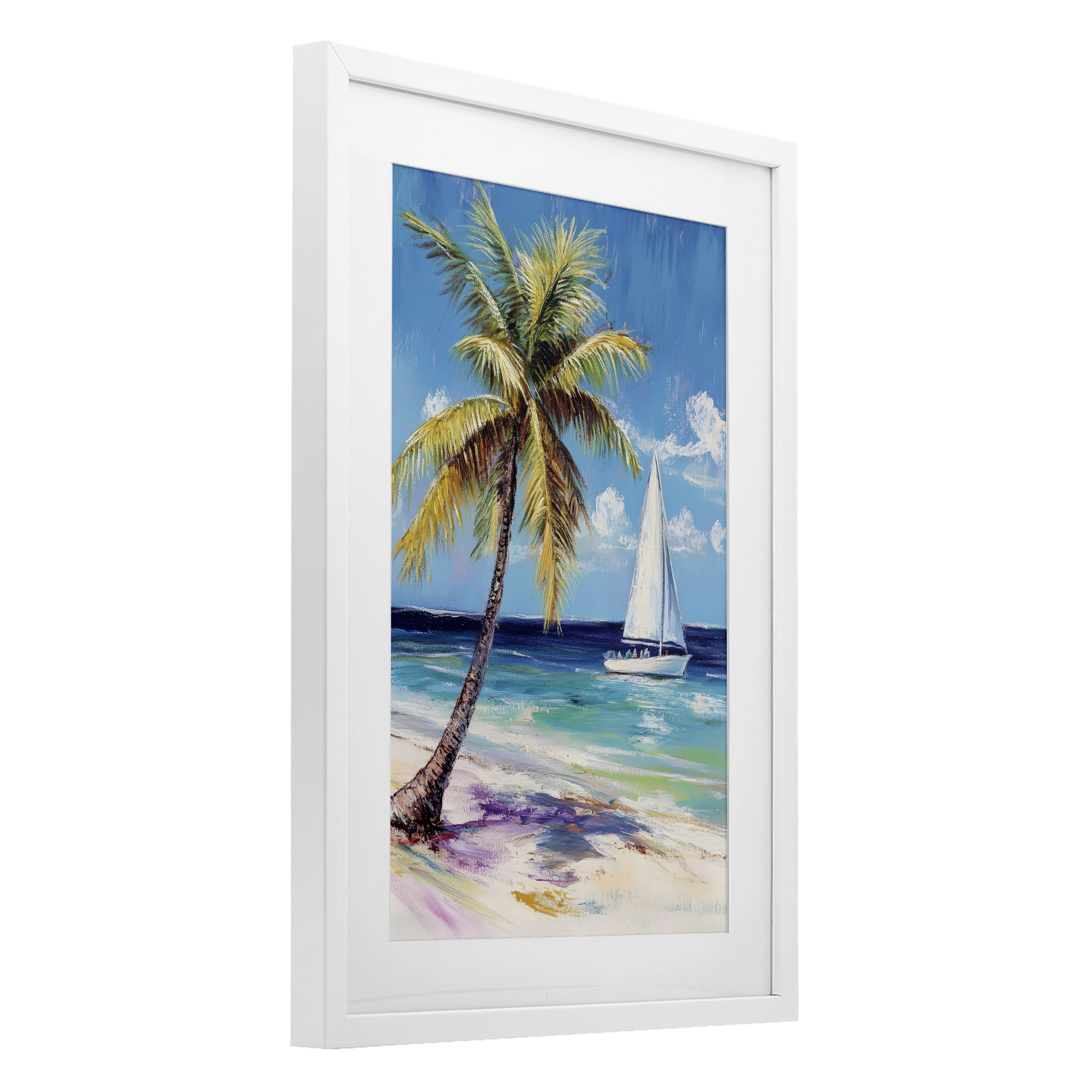 Stupell Industries Sailboat Delight with Palm Tree White Framed Print Under Glass, design by Petal Prints Design