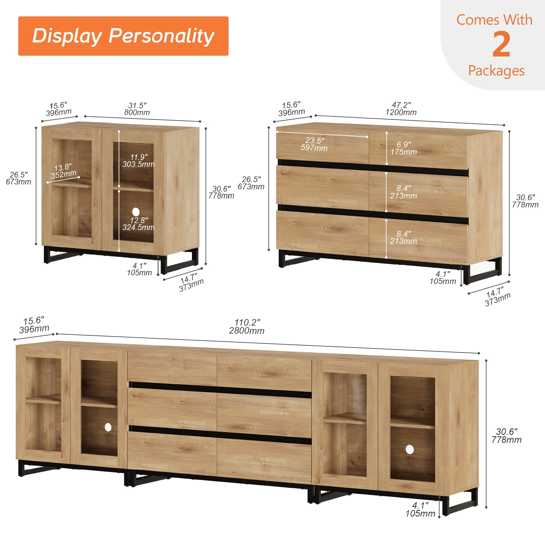 3 In 1 Multifunctional Sideboard Buffet Cabinets With Glass Doors And 6 Drawers, Modern Sideboard Credenza With Adjustable Shelf And Metal Base,Oak