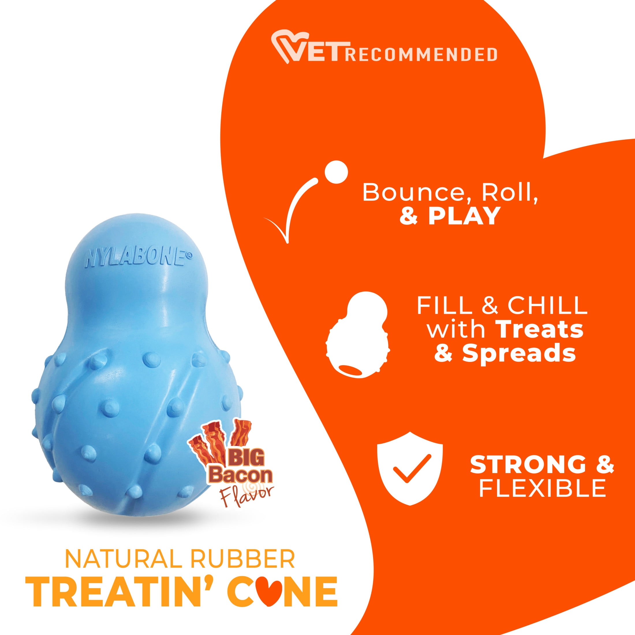Nylabone Strong Chew Rubber Stuffable Cone Dog Treat, Dog Toys for Large Dogs, Bacon Flavor, Blue, Large
