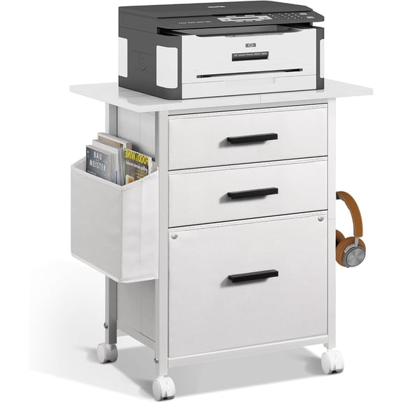 File Cabinet Printer Stand, Fabric Mobile Filing Cabinet with 3 Storage Drawers, for Hanging A4, Letter Size File Folders, Storage Bag and Hooks Home Office, White