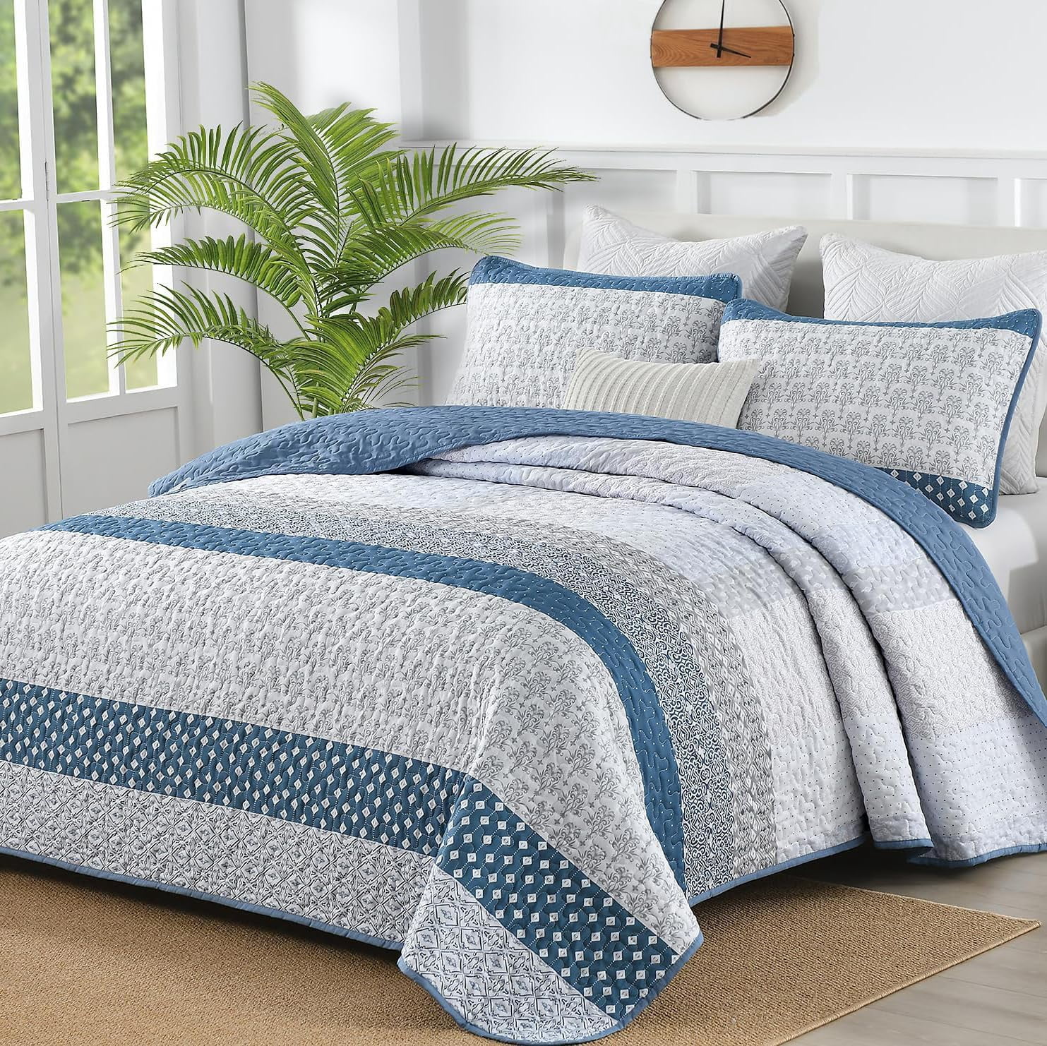 Blue Quilt King Size Bohemian Stripe Quilt Sets 3 Pieces Bedspread Set All Season (104"x90")