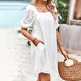 thumbnail image 6 of Ladies Fashion Casual Short Sleeves Solid Color Dress Dress Vacation Beach Dress Summer Beach Dress Daytime Dresses for Women Casual Button Front Dress Dresses for Women Midi Length Smocked Dresses, 6 of 8