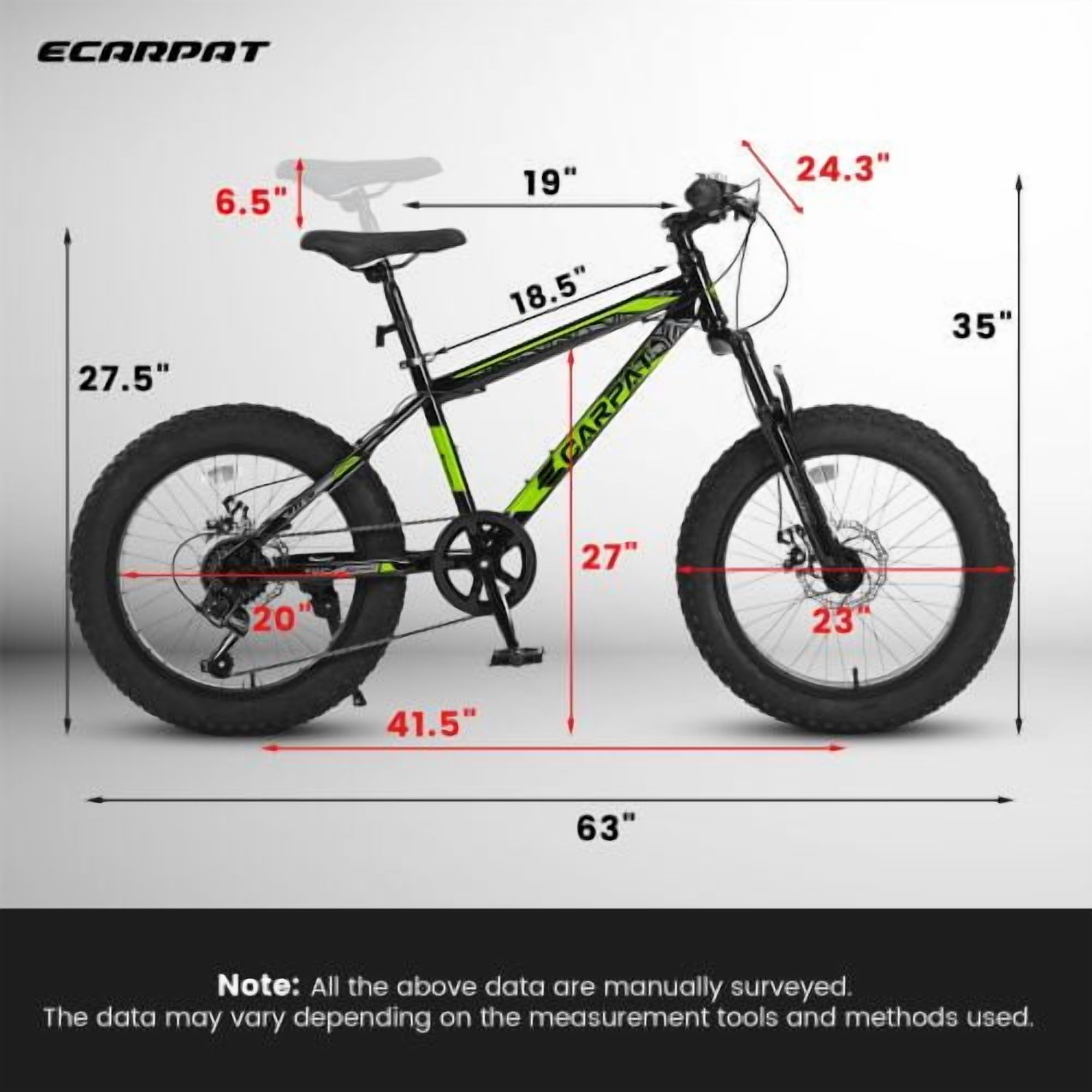 RAISTYW 20" Fat Tire Mountain Bike, 7-Speeds High Carbon Steel Frame Mountain Bicycle MTB Bike with Disc Brakes for Adults Men Women, Green and Black