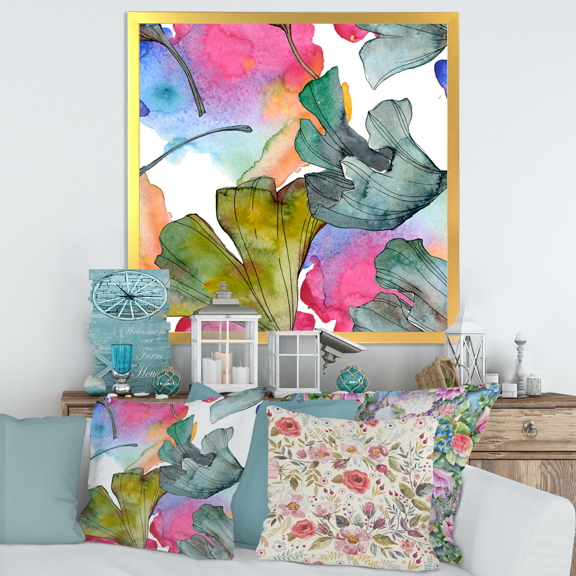 Designart 'Abstract Ginkgo Biloba Leaf Foliage' Traditional Framed Art Print