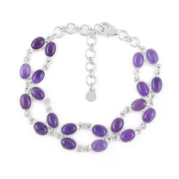 QNAVIC Natural Amethyst Cabochon Bezel Charm Bracelet For Women, Healing Chakra Crystal, Birthstone, Rhodium Plated 925 Sterling Silver Handmade Dainty Bracelet, Gifts for Her