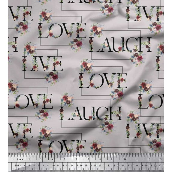 Soimoi Gray Heavy Satin Fabric Floral Love Text Print Sewing Fabric Yard 56 Inch Wide