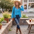 thumbnail image 6 of Vintage Oversized Gauze Tshirt for Women Frayed Raw Edge Hem Cute Boho Long Sleeve Fall Casual shirt Blue XL, 6 of 7